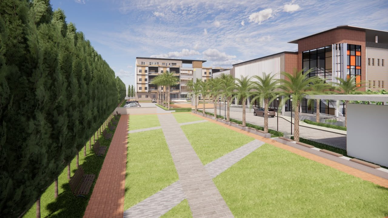 Jardin & promenade — Pelouses, allées pavées et bancs à l'ombre des cyprès.